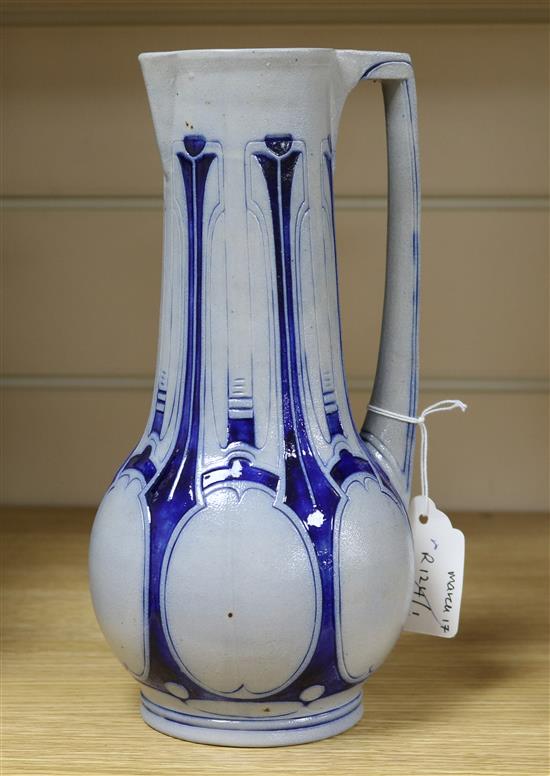 A Simon Gerz Jugendstil blue stoneware ewer, designed by Peter Behrens, 24.5cm
